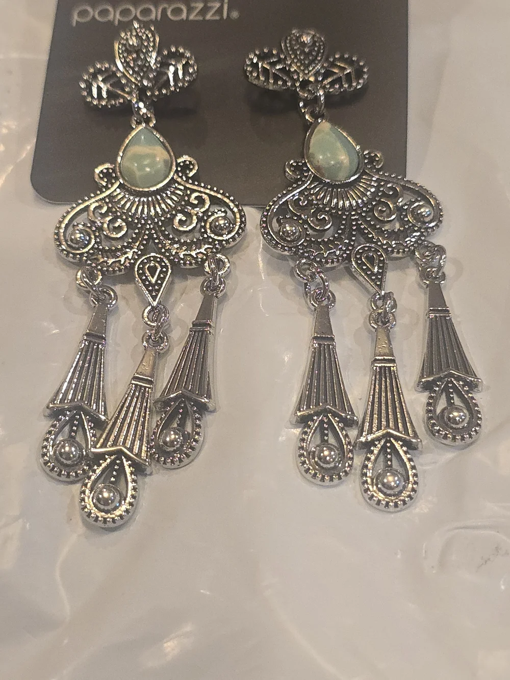 paparazzi Silver-Tone Filigree Chandelier Earrings with Pale Green Accent